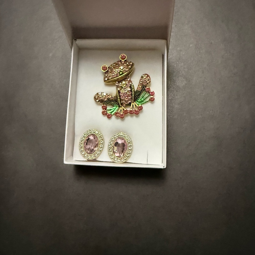 Gold-Tone Frog Brooch with Pink and Green Accents